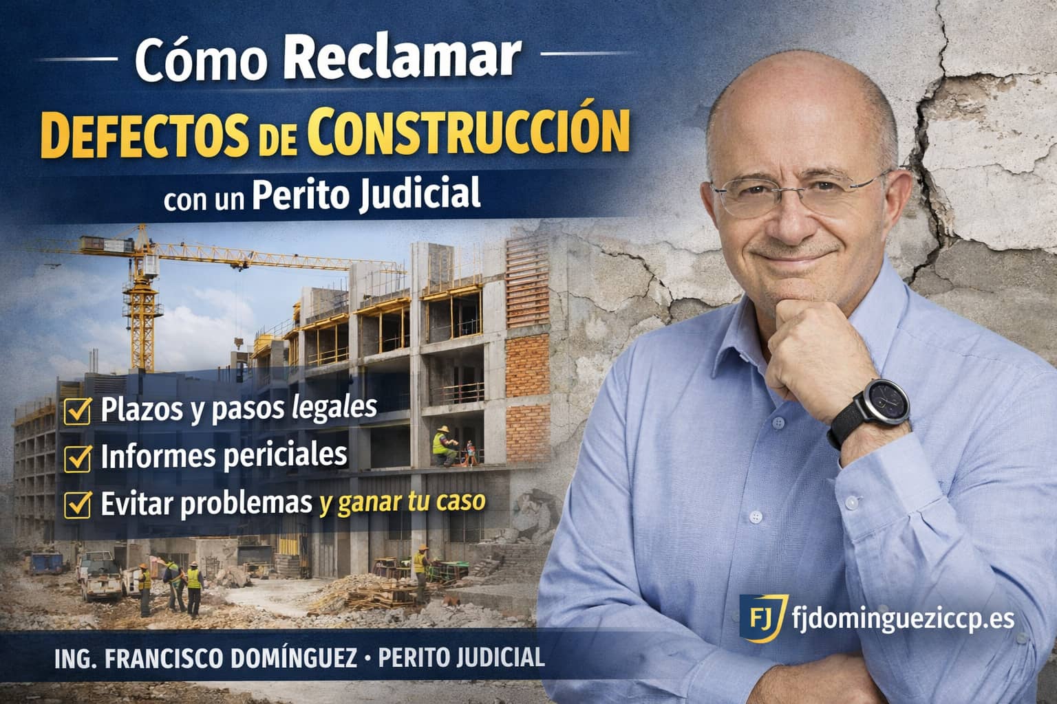 Perito judicial en construcción con camisa azul analizando defectos en obra con edificio en construcción y grietas visibles en la pared