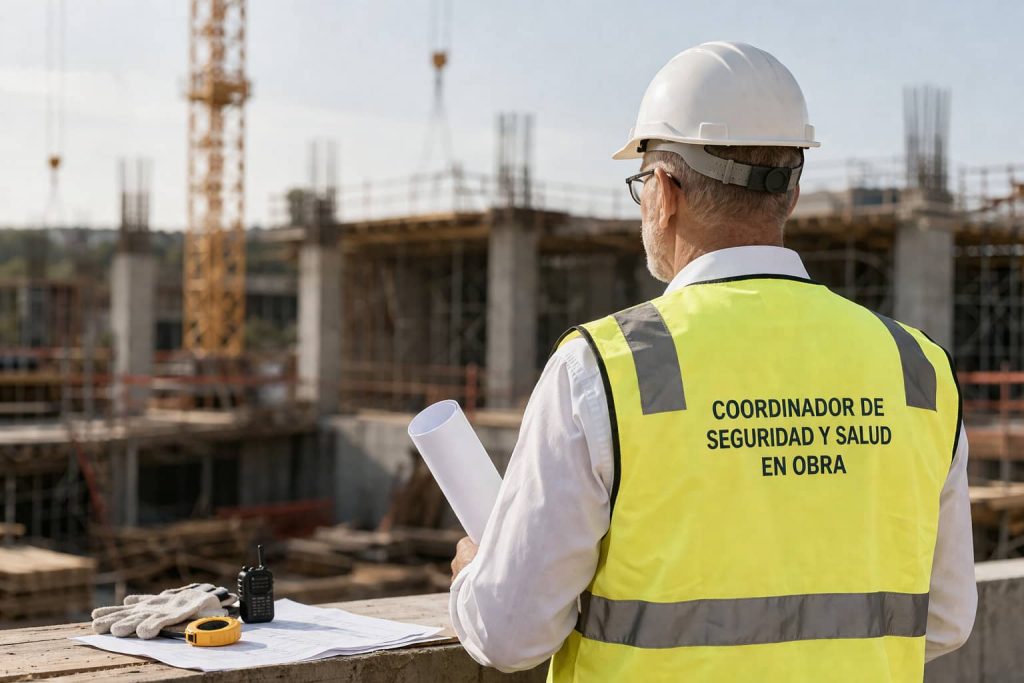 Coordinador de seguridad y salud supervisando una obra de construcción con casco y chaleco de alta visibilidad