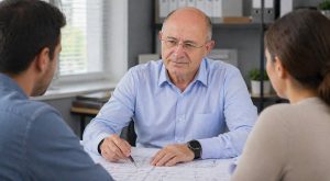 Ingeniero de caminos asesorando a clientes en oficina mientras revisa planos de obra civil