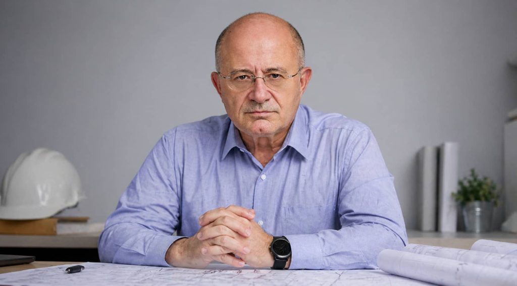 Ingeniero de caminos serio revisando planos de obra civil en oficina profesional