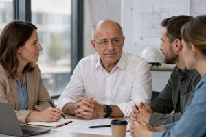 Ingeniero de caminos mediando en una reunión profesional con clientes en un proceso de mediación civil y mercantil